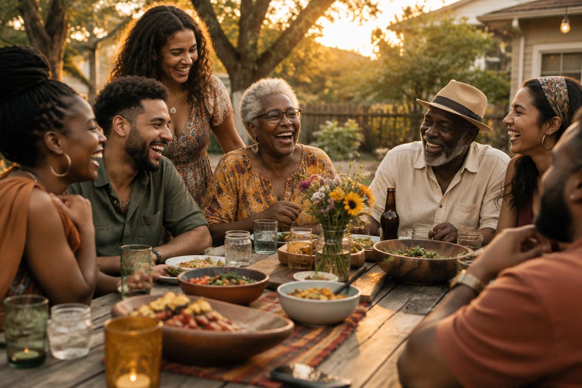 A multigenerational group of friends and family laughing around a backyard table at sunset